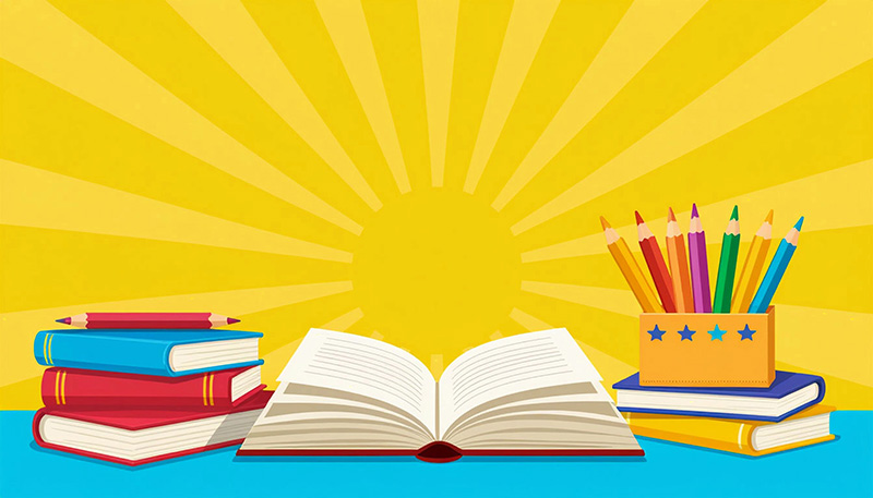 Детский фон с книжками и карандашами