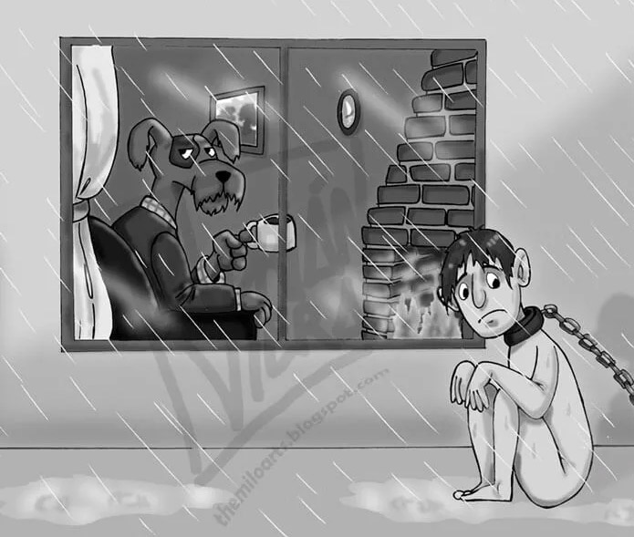 В дождливую погоду человек на цепи, а собака дома