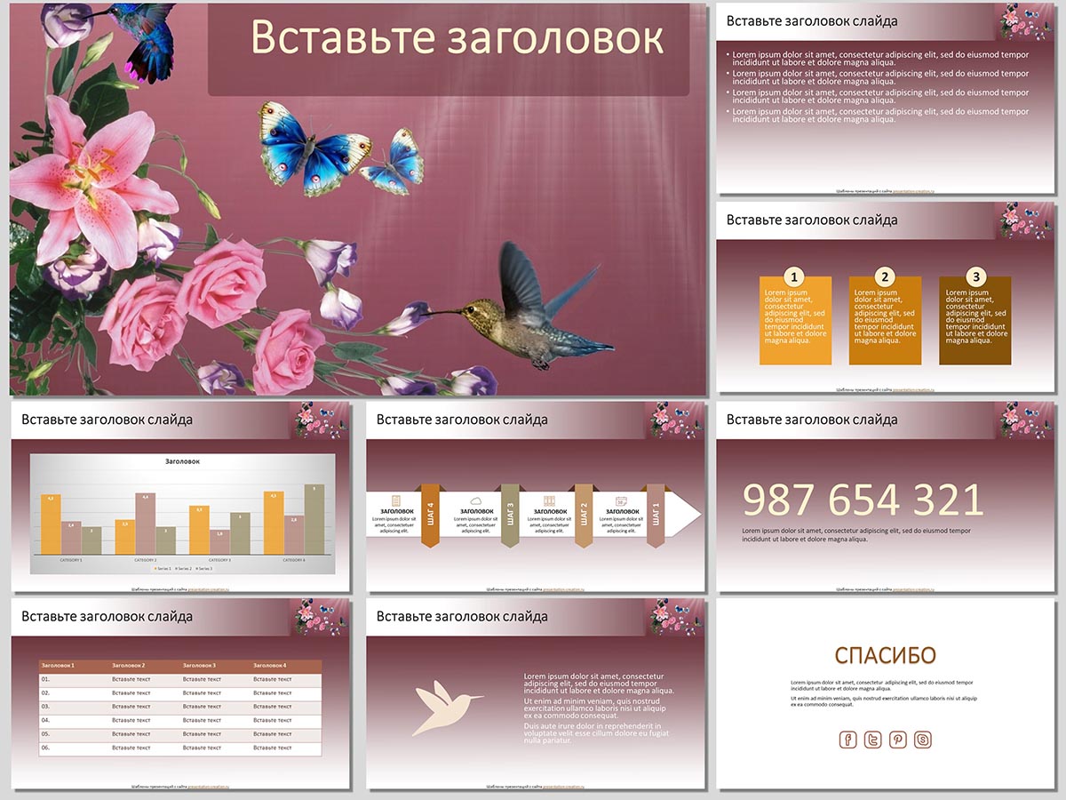 Цветы, бабочки и птицы - шаблон для создания презентаций к урокам биологии